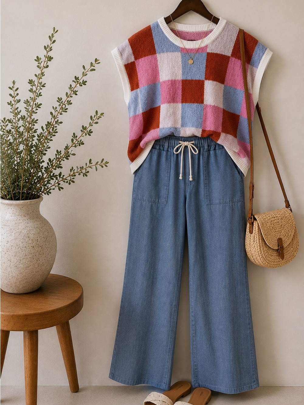 Colorblock Checkered Sweater Vest | S/M